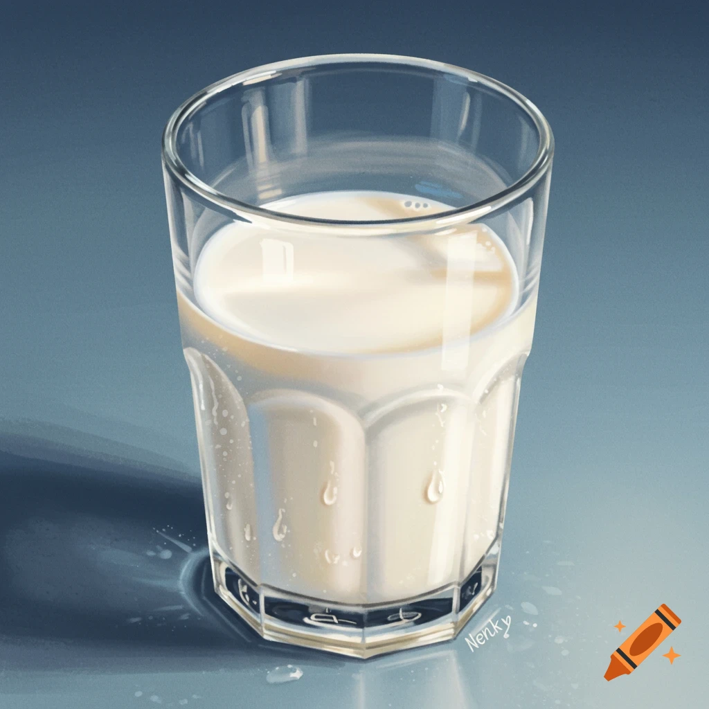 A glass of milk with reflections and spills on a surface.