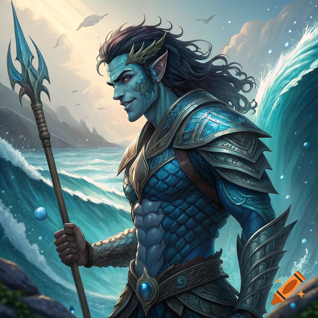 A blue-skinned fantasy character with long dark hair and blue scale armor stands by the ocean, holding a trident-like spear.