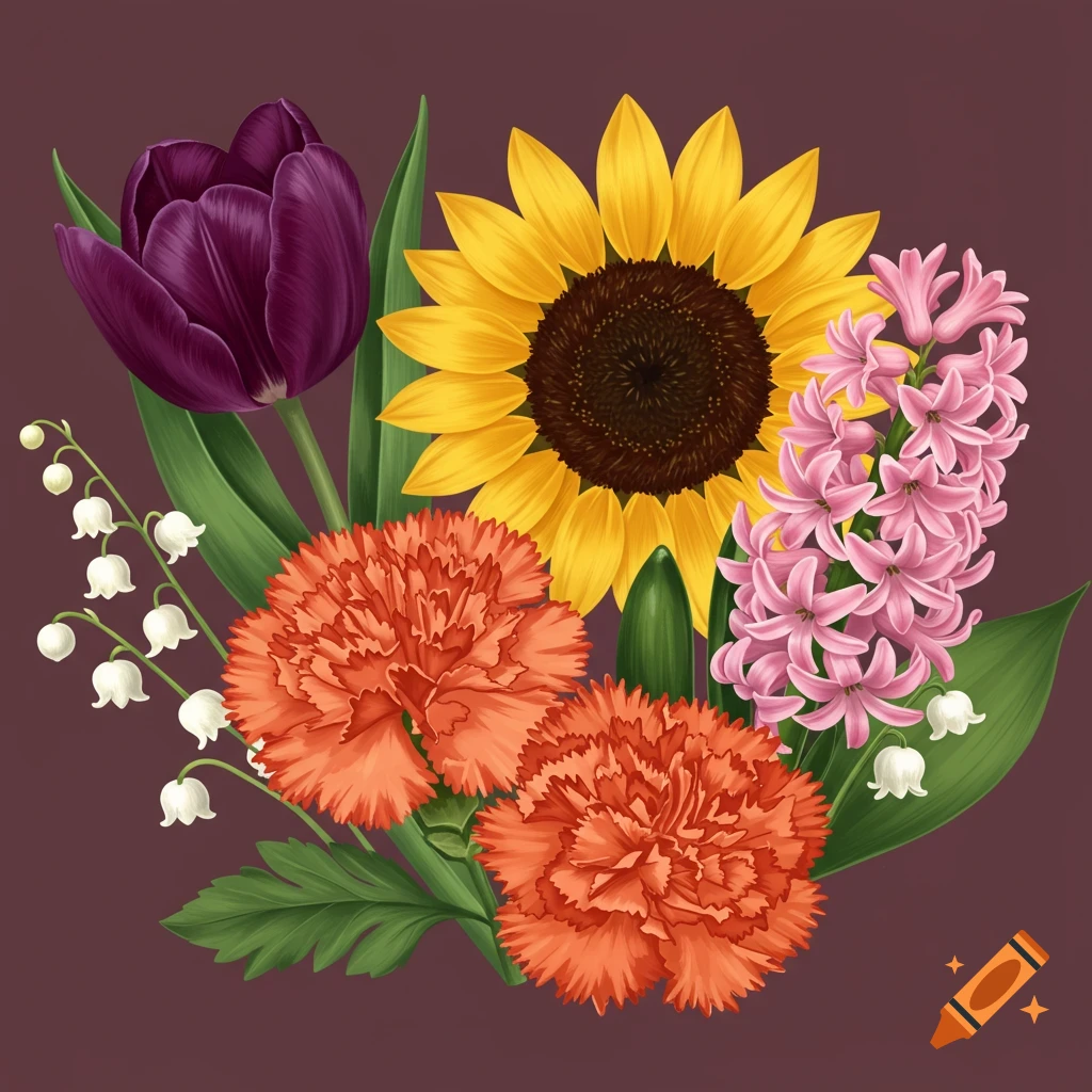 A bouquet with a purple tulip, sunflower, pink hyacinth, lily of the valley, and orange carnations.