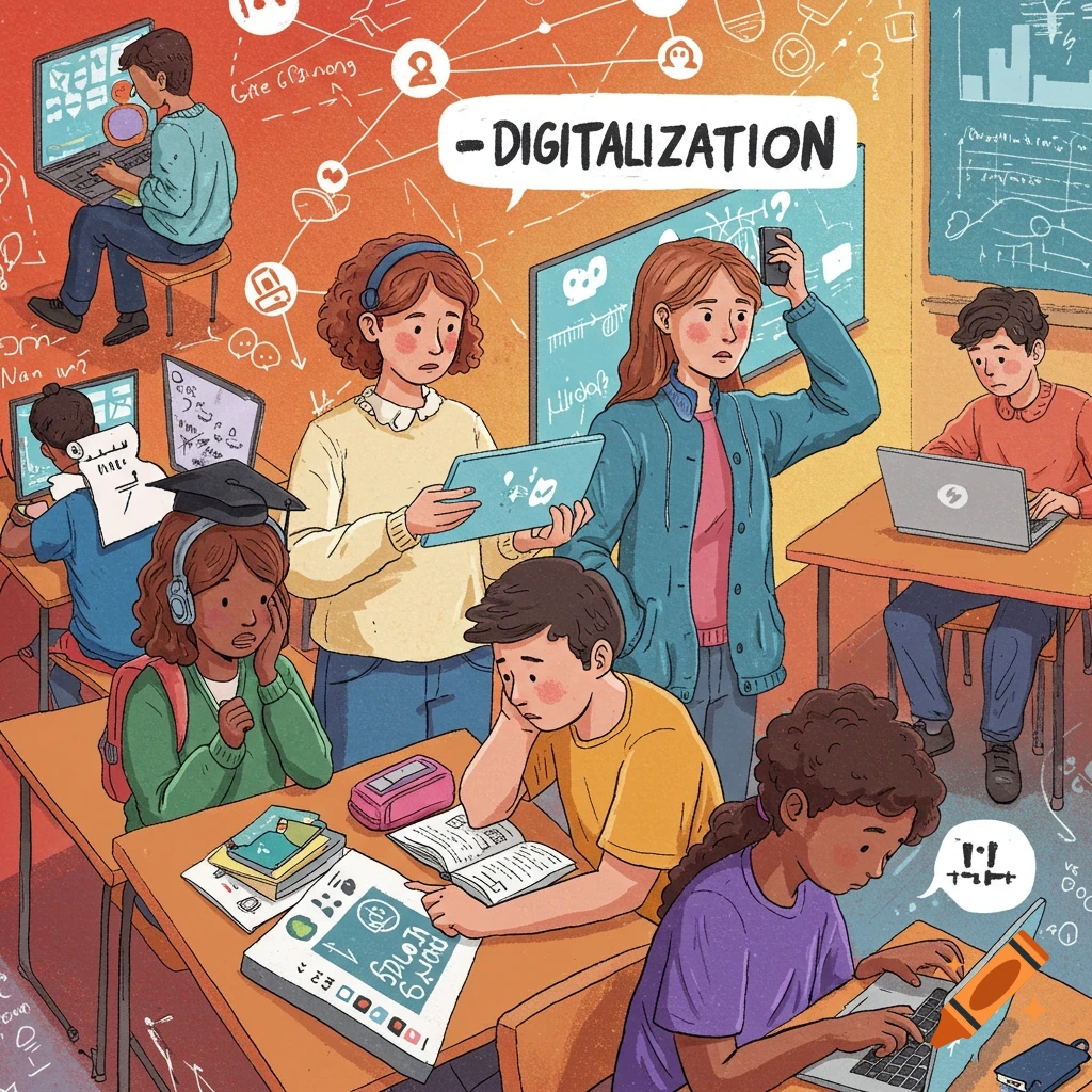 Students using computers and tablets in a classroom, with text bubbles and equations representing digitalization in education.