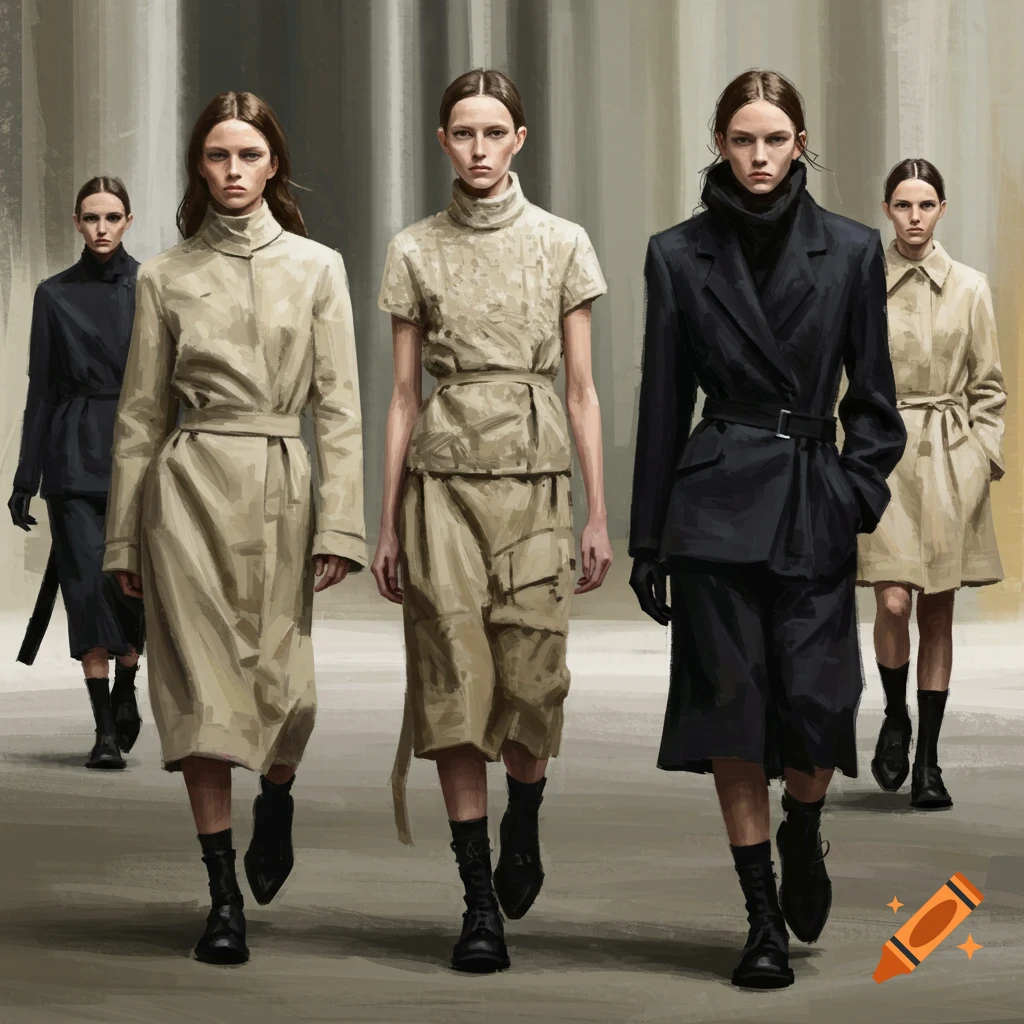 Models walking a runway in fashionable outfits.