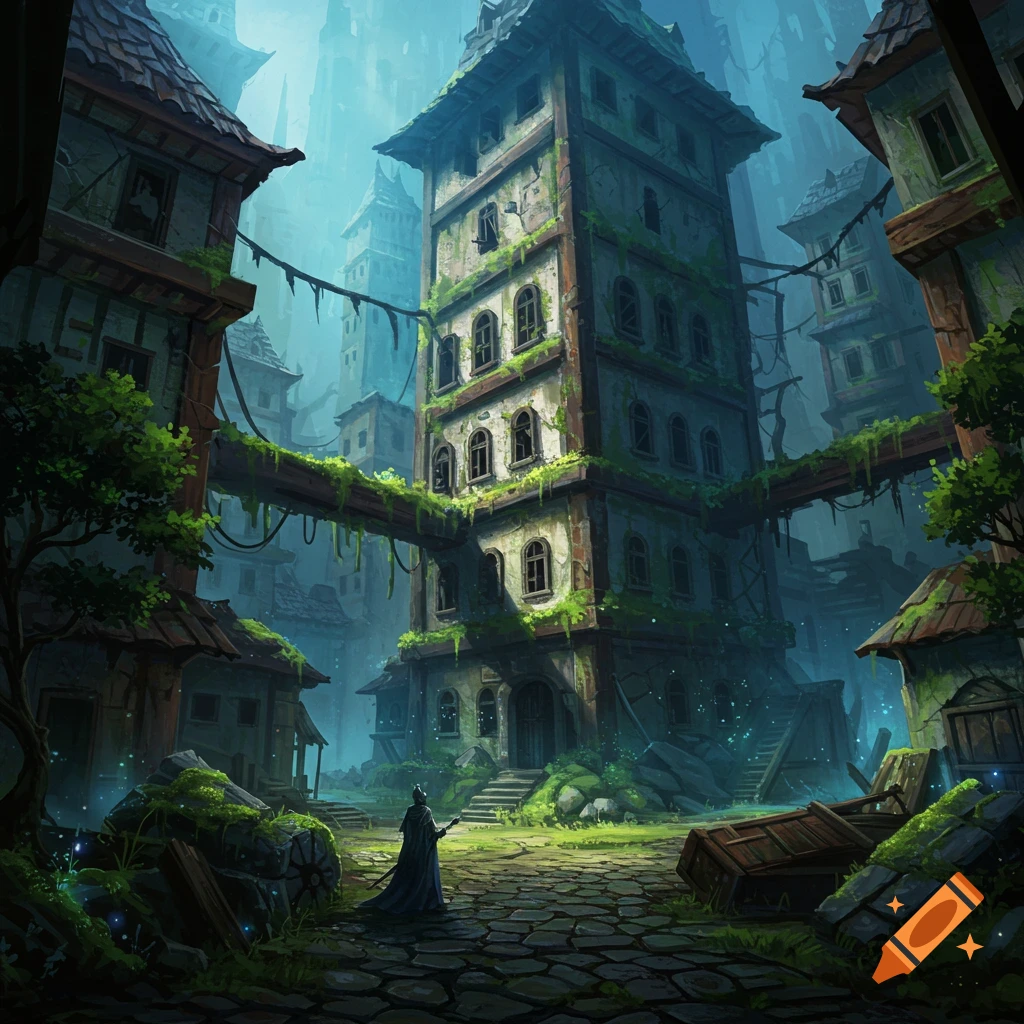 A ruined fantasy village with a cloaked figure standing on a path.