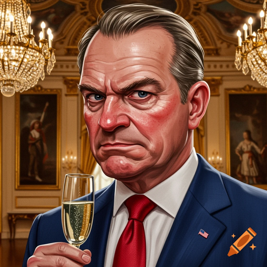 A stern man in a blue suit holds a glass of champagne in a grand room.
