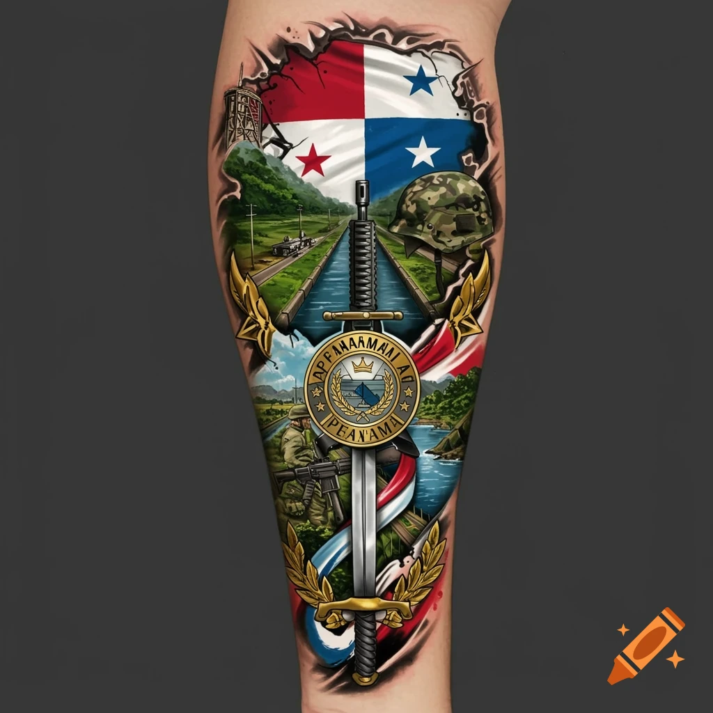 Tattoo design on leg with Panama flag, canal, military symbols, soldier, and landscape.