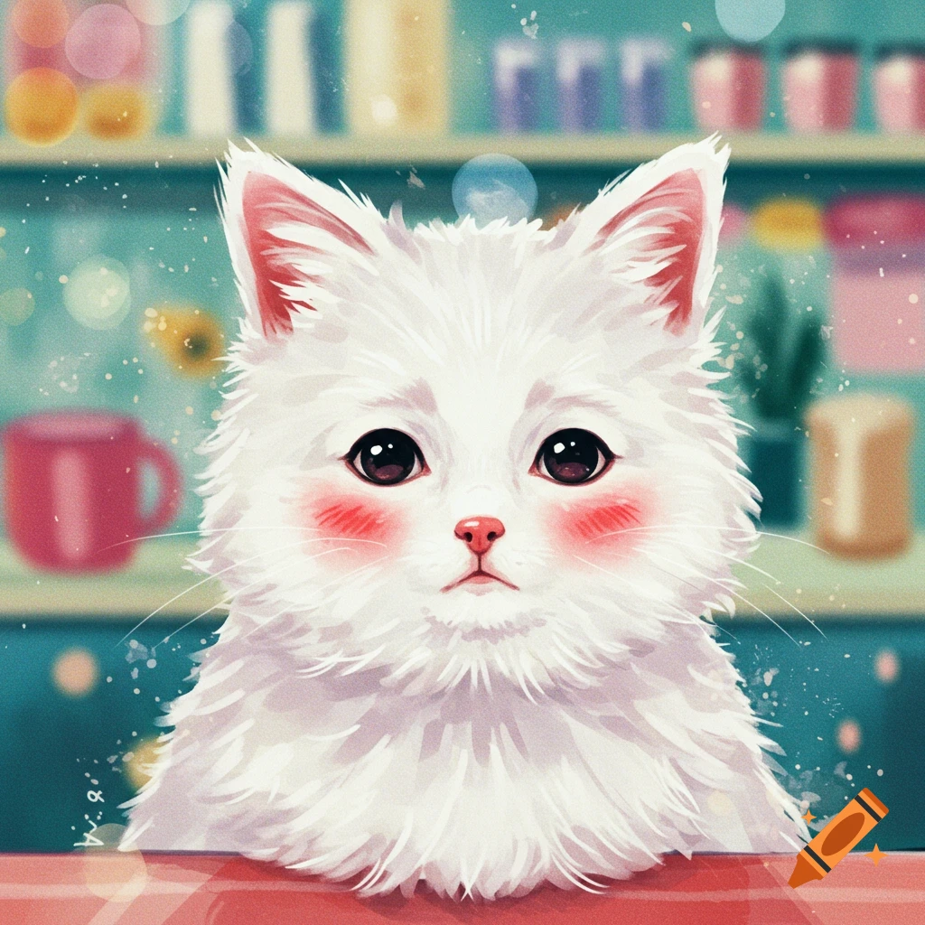 Watercolor painting of a fluffy white cat with pink cheeks in a kitchen setting.