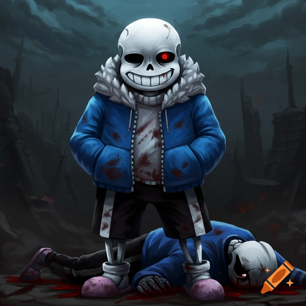 The skeleton character Sans in a blue jacket stands over a defeated figure in a dark, bloody, ruined setting.