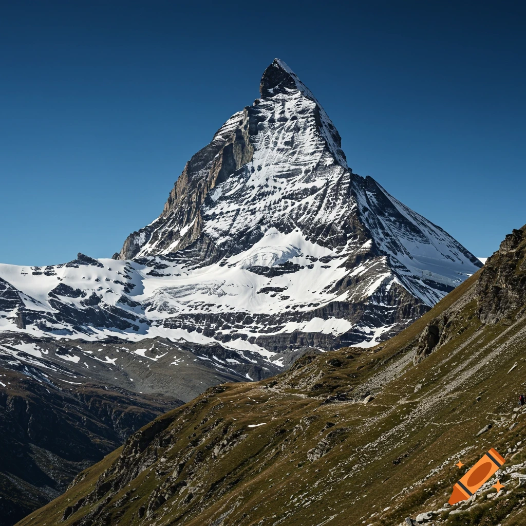 A view looking up at the snowy, rocky peak of the Matterhorn mountain against a blue sky. A trail leads across a grassy slope in the foreground.
