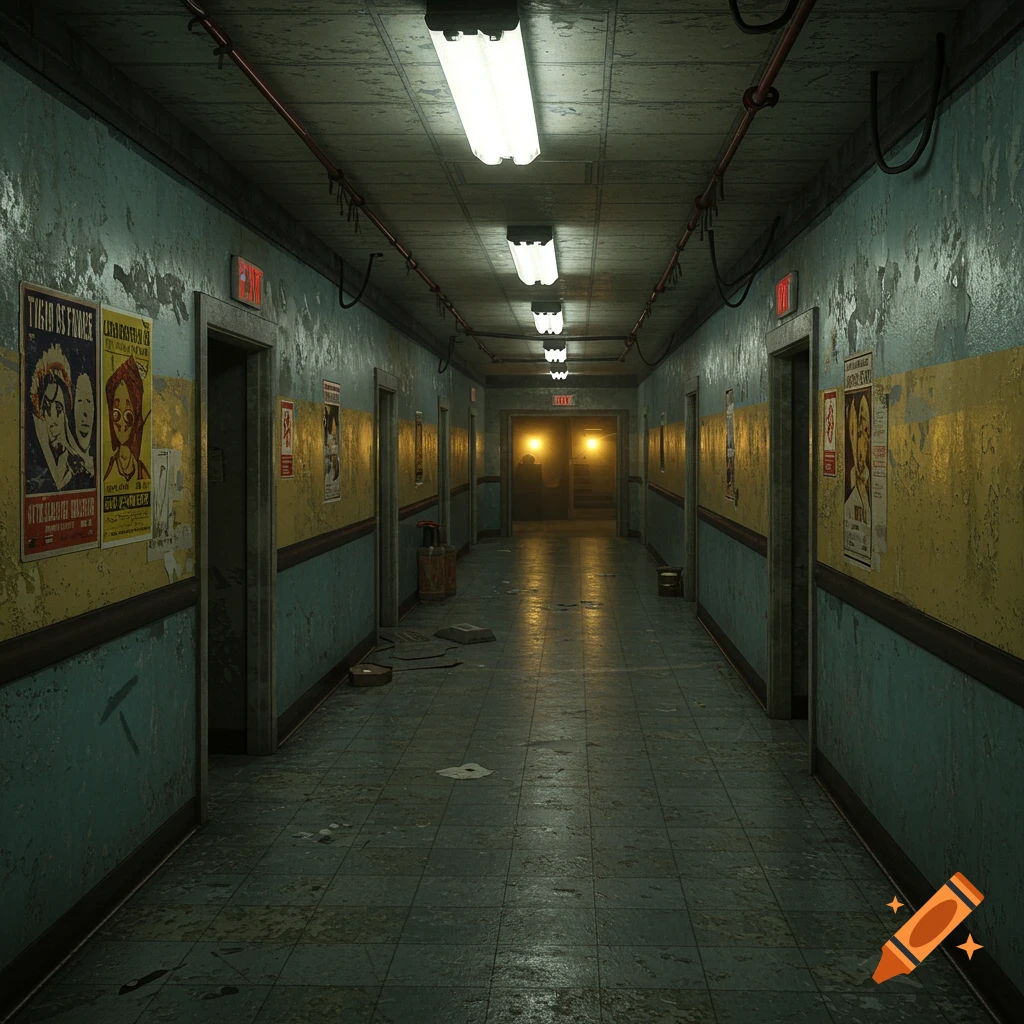 A long, dirty, fluorescent-lit hallway with posters on the walls, leading to a bright exit.