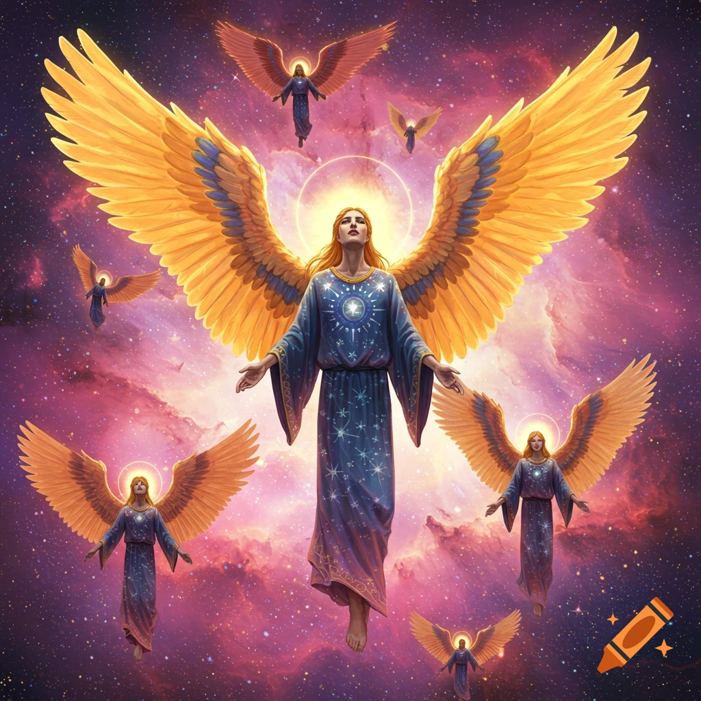 Seraphic angel with iridescent rainbow wings in an oil