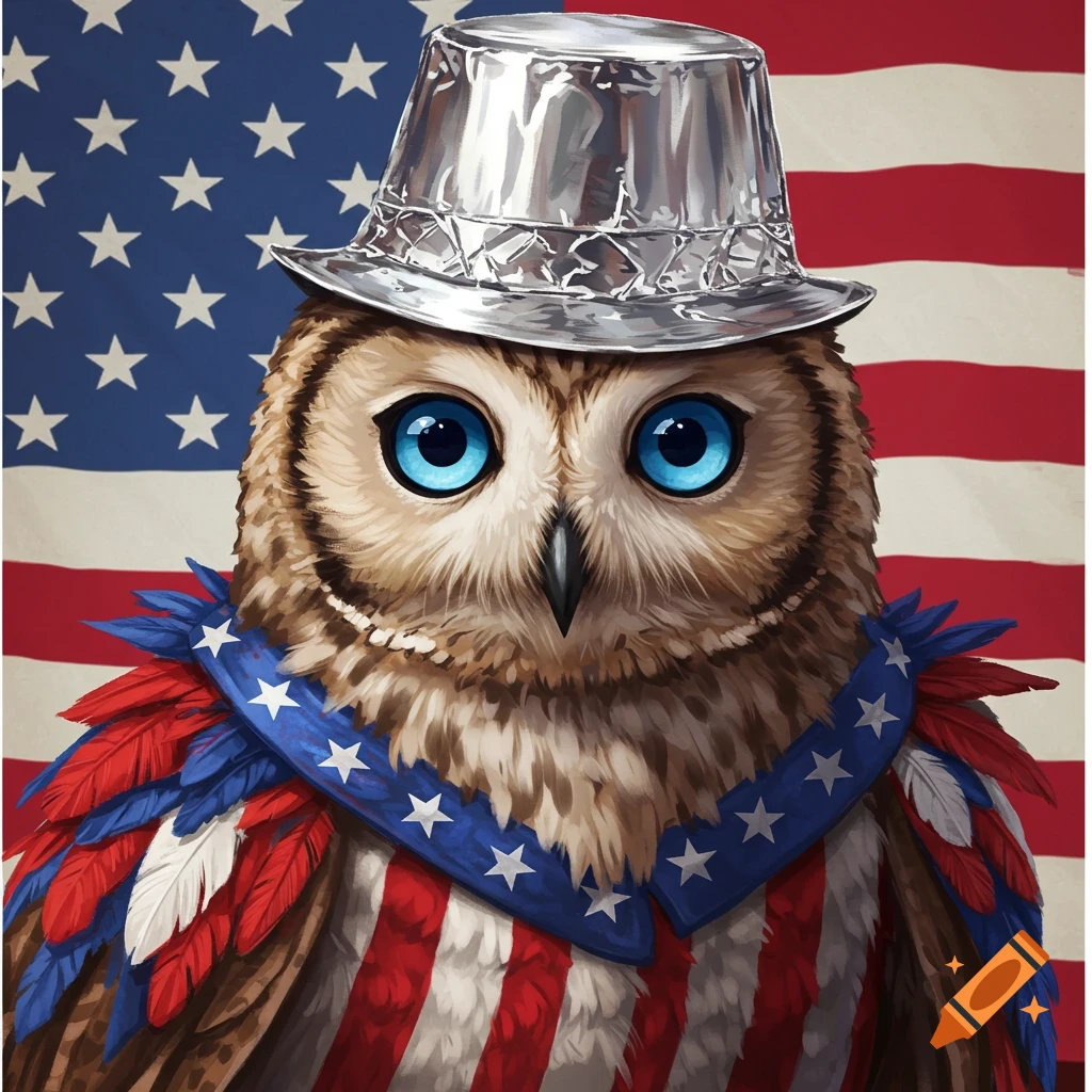 An owl wearing a silver hat and patriotic red, white, and blue feathers and stripes, in front of an American flag.