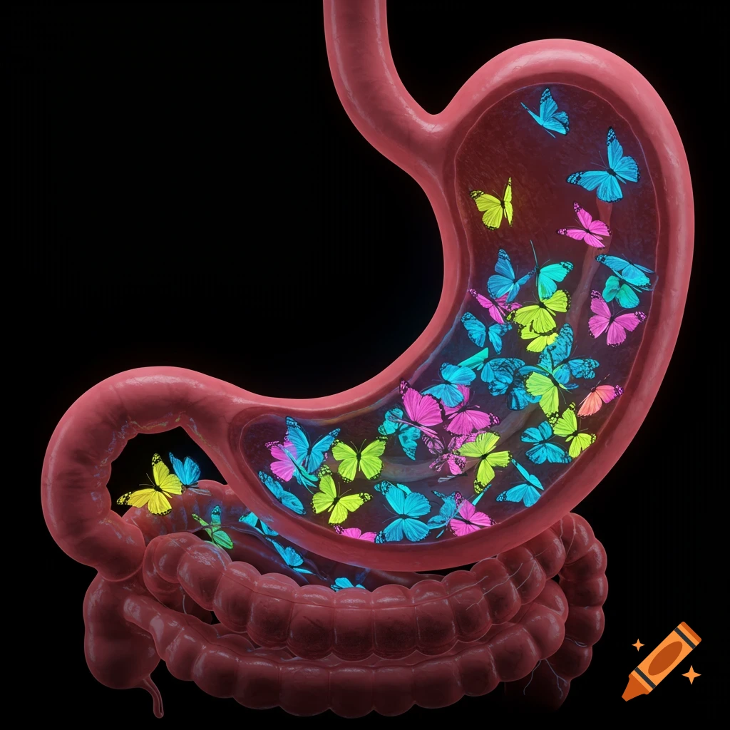 Photorealistic rendering of a human stomach and intestine filled with vibrant, bioluminescent butterflies.