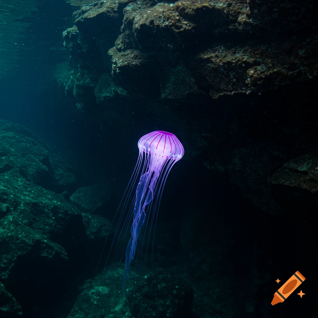 A purple glowing jellyfish swims in a dark underwater cavern