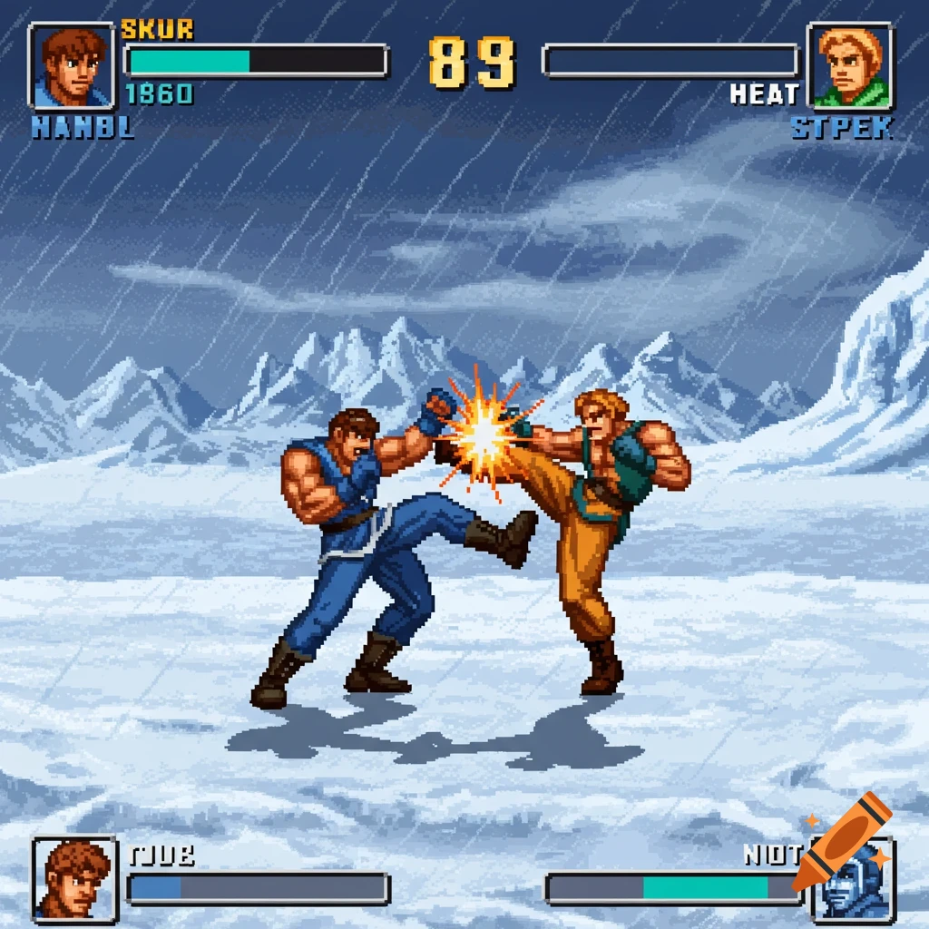 A pixel art fighting game screenshot showing two characters kicking in a snowy mountain arena with UI elements.