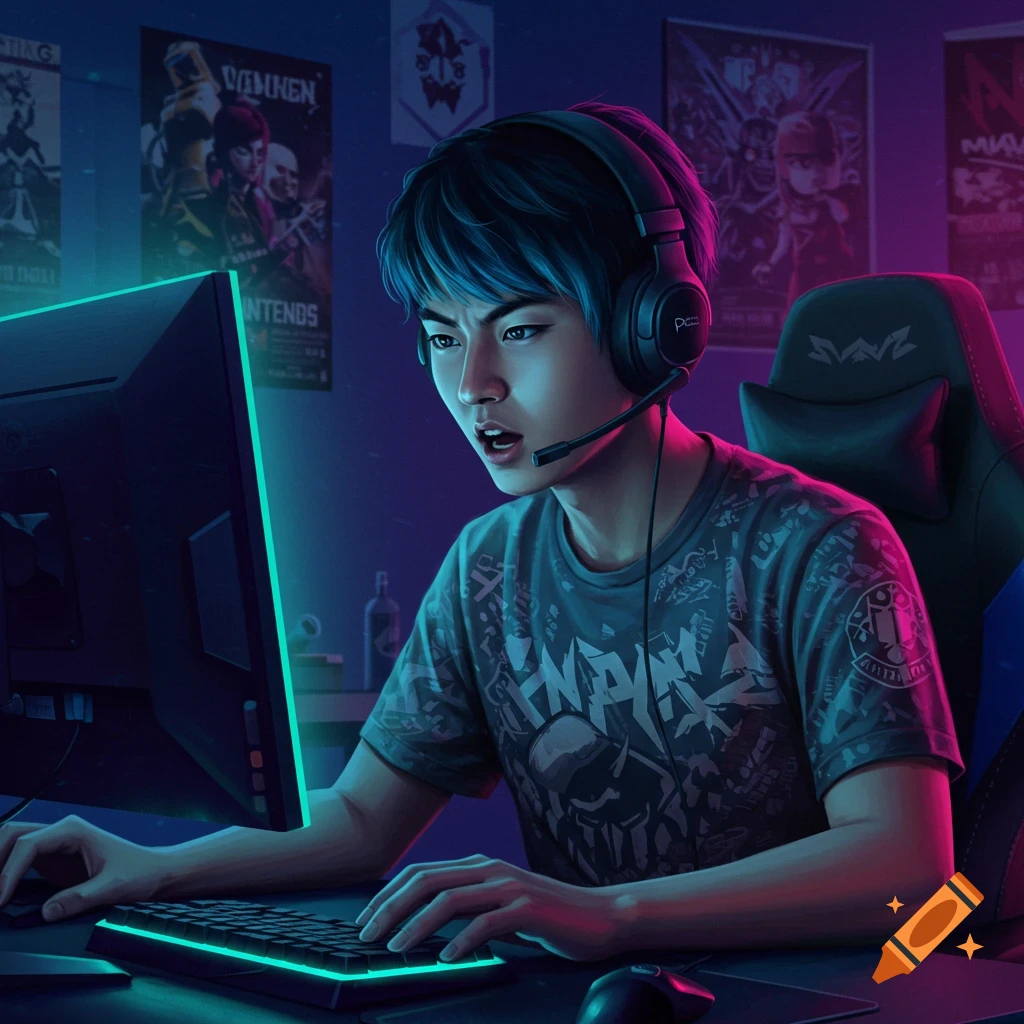 A young male gamer with blue hair playing on a glowing keyboard and monitor in a room with posters.