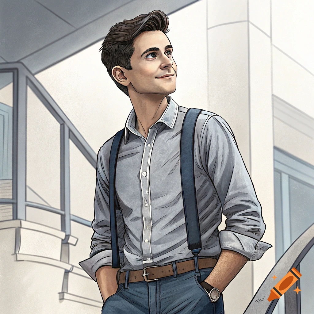 Illustration of a man in a shirt and suspenders looking up and smiling.