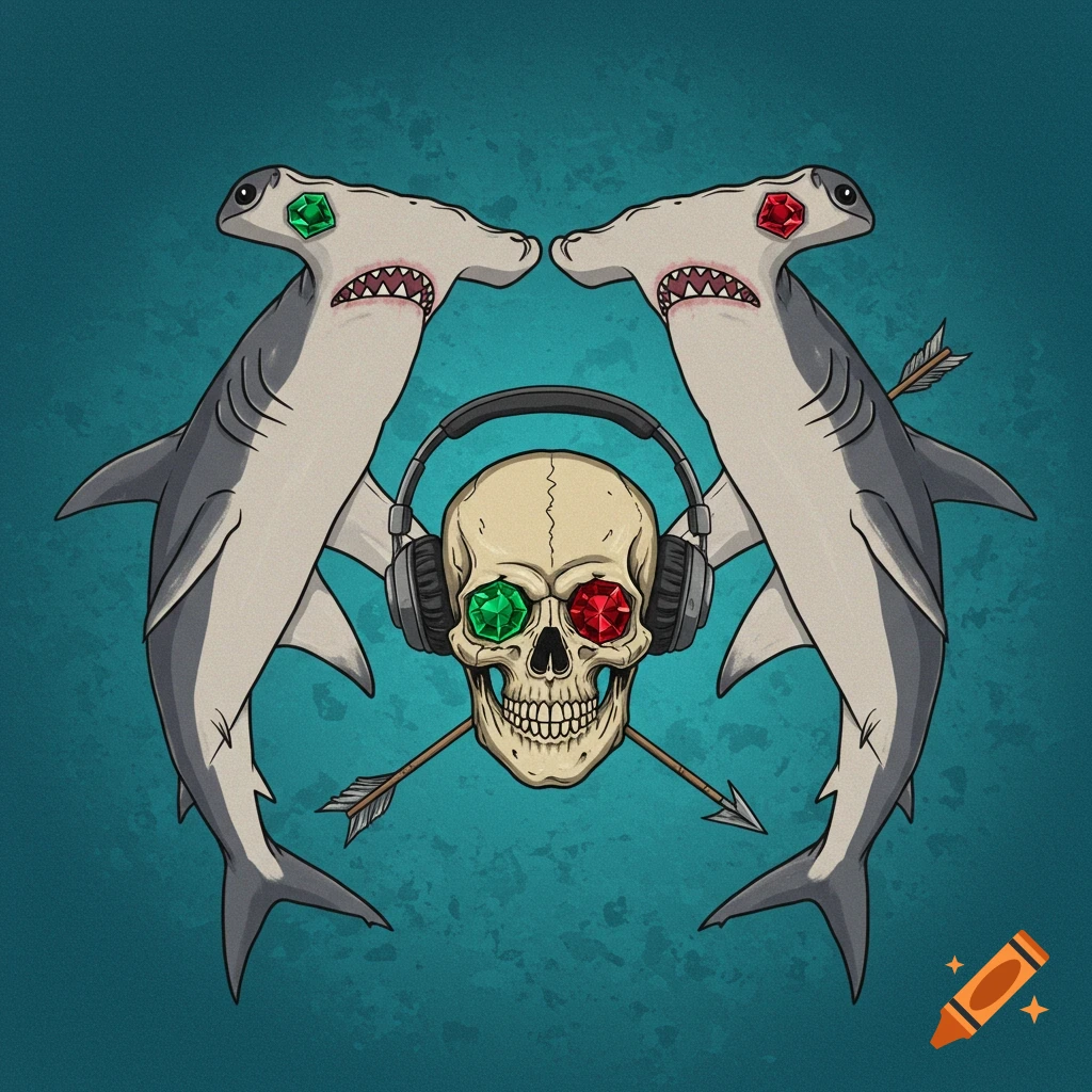 Digital illustration of two hammerhead sharks facing a skull with gem eyes and headphones, pierced by an arrow.