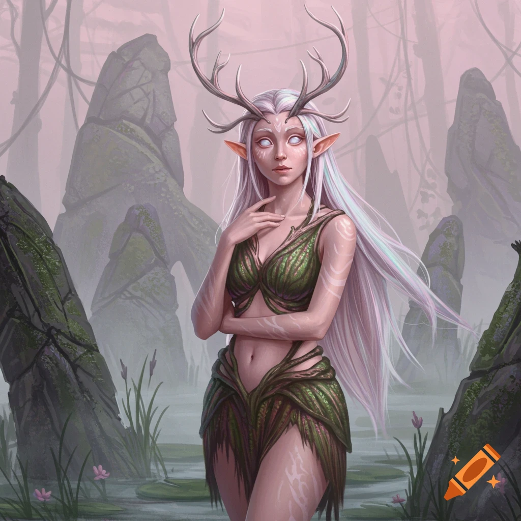 A female fantasy creature with antlers and leaf clothing stands in a misty swamp.