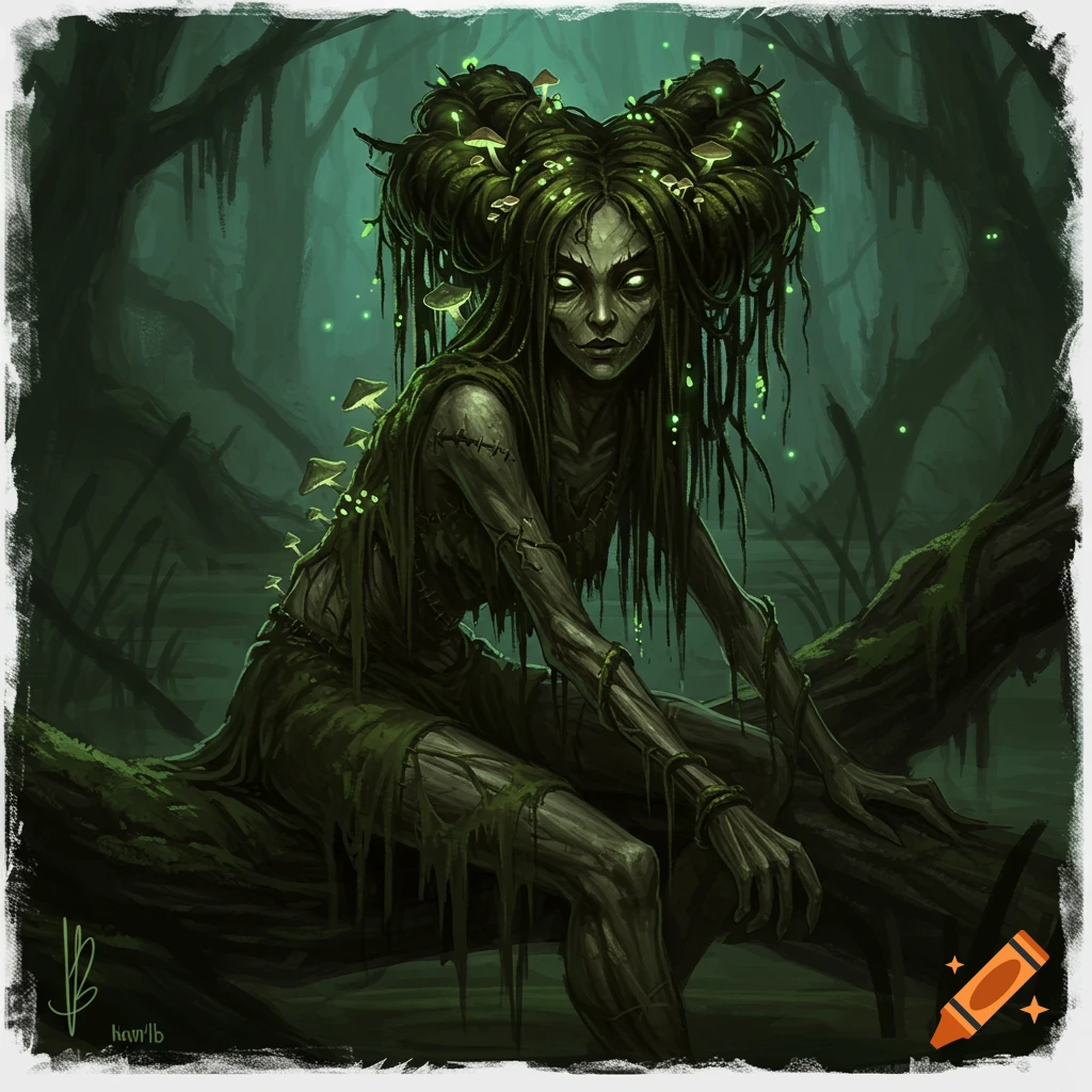 A creepy swamp witch sits on a log in a dark swamp.