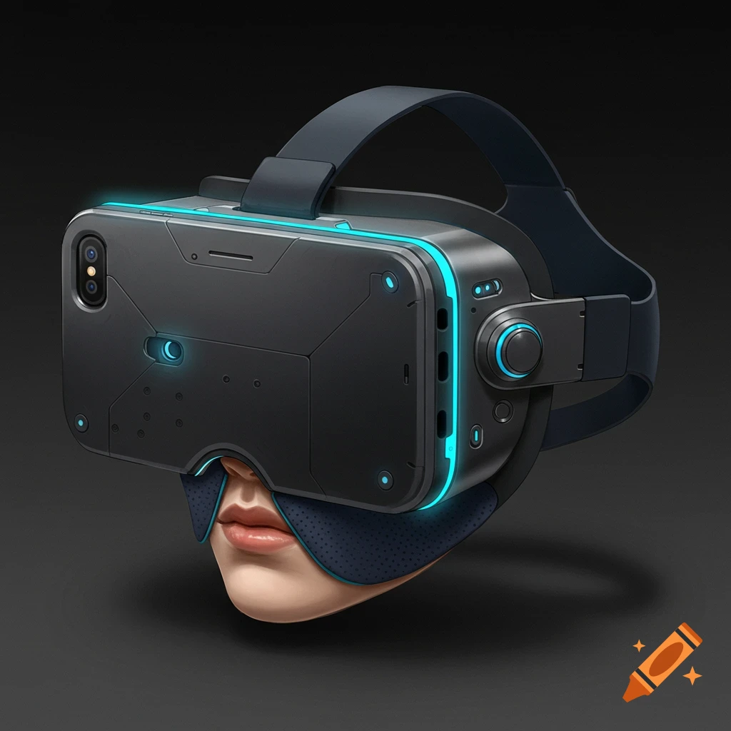 Close-up of a person wearing a futuristic black and blue VR headset.