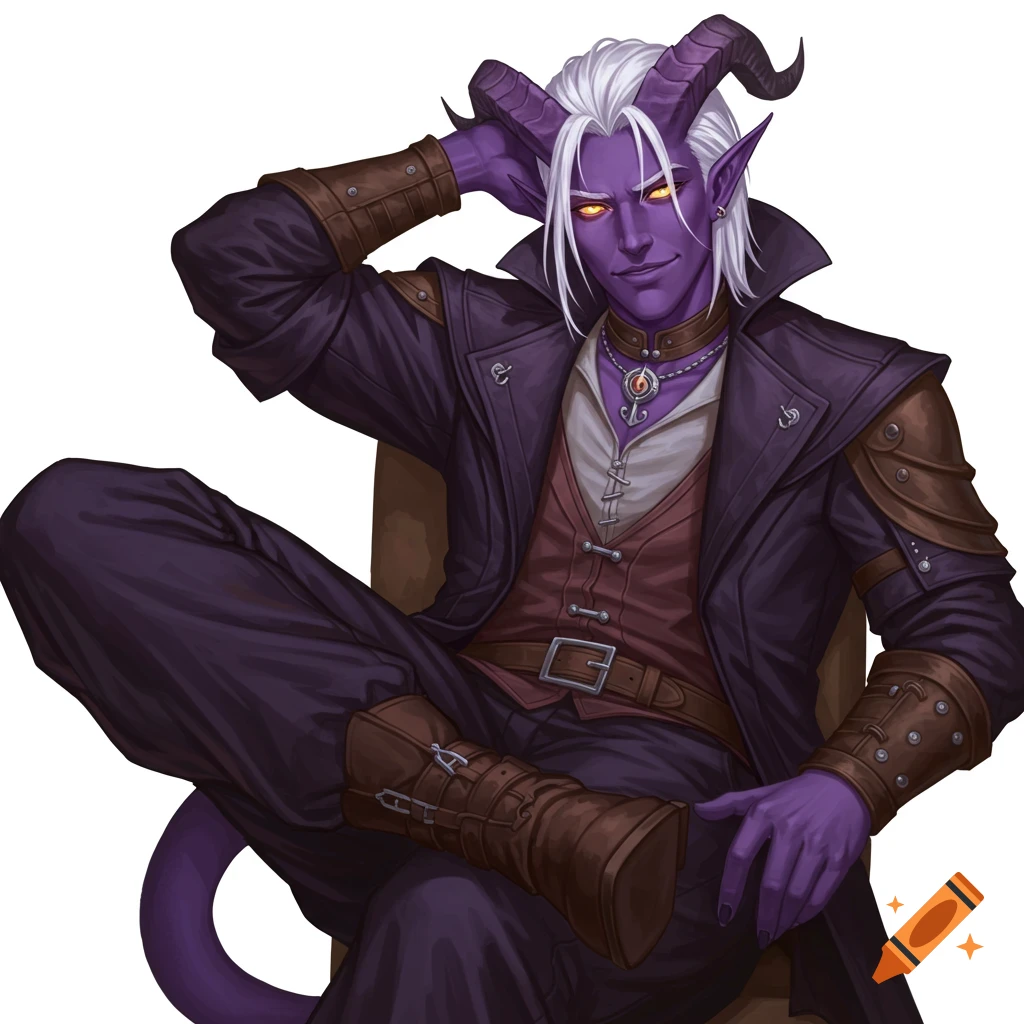 A purple-skinned male tiefling with white hair, horns, and glowing eyes, wearing a dark coat, is sitting and smirking.