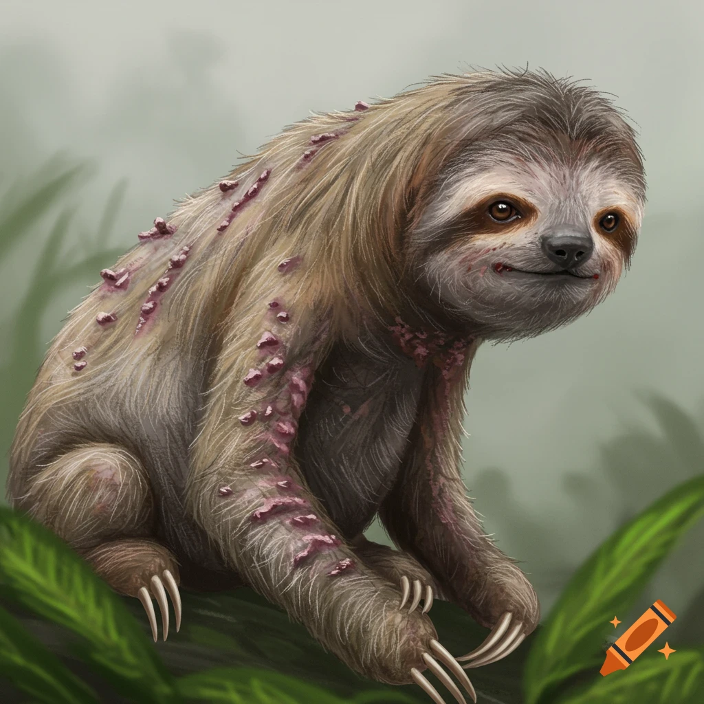An image of a sloth with mange sitting in a forest.
