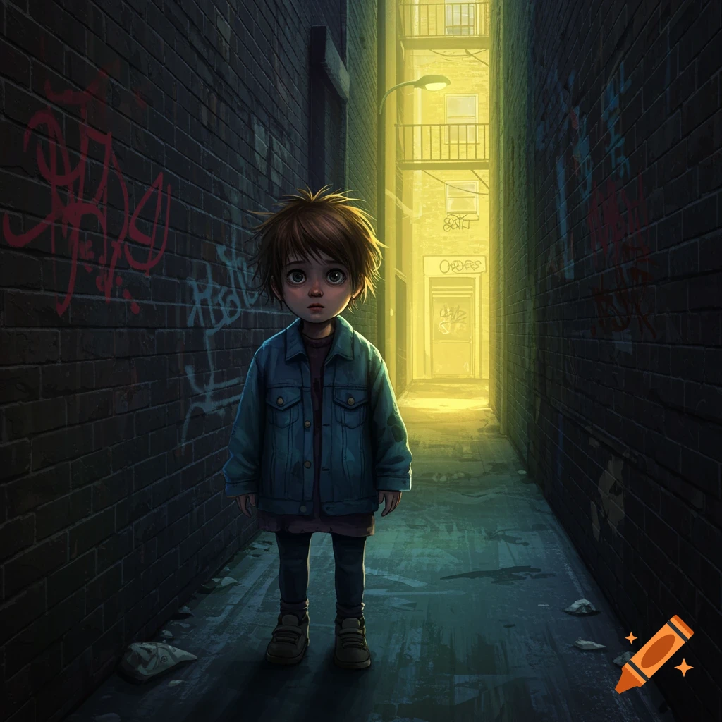 A young child stands alone in a dark alley with graffiti.