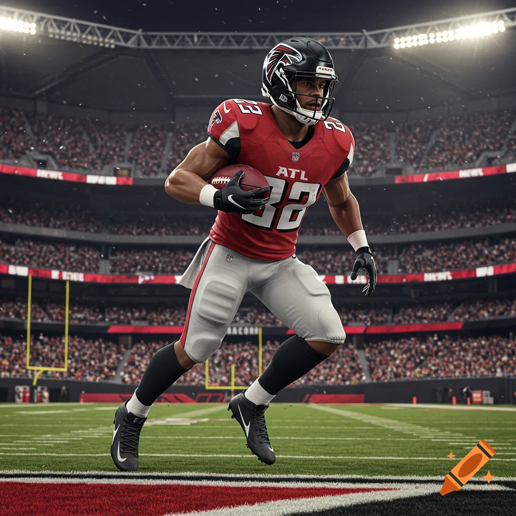 A football player in a red jersey with "ATL 32" runs with the ball in a stadium.