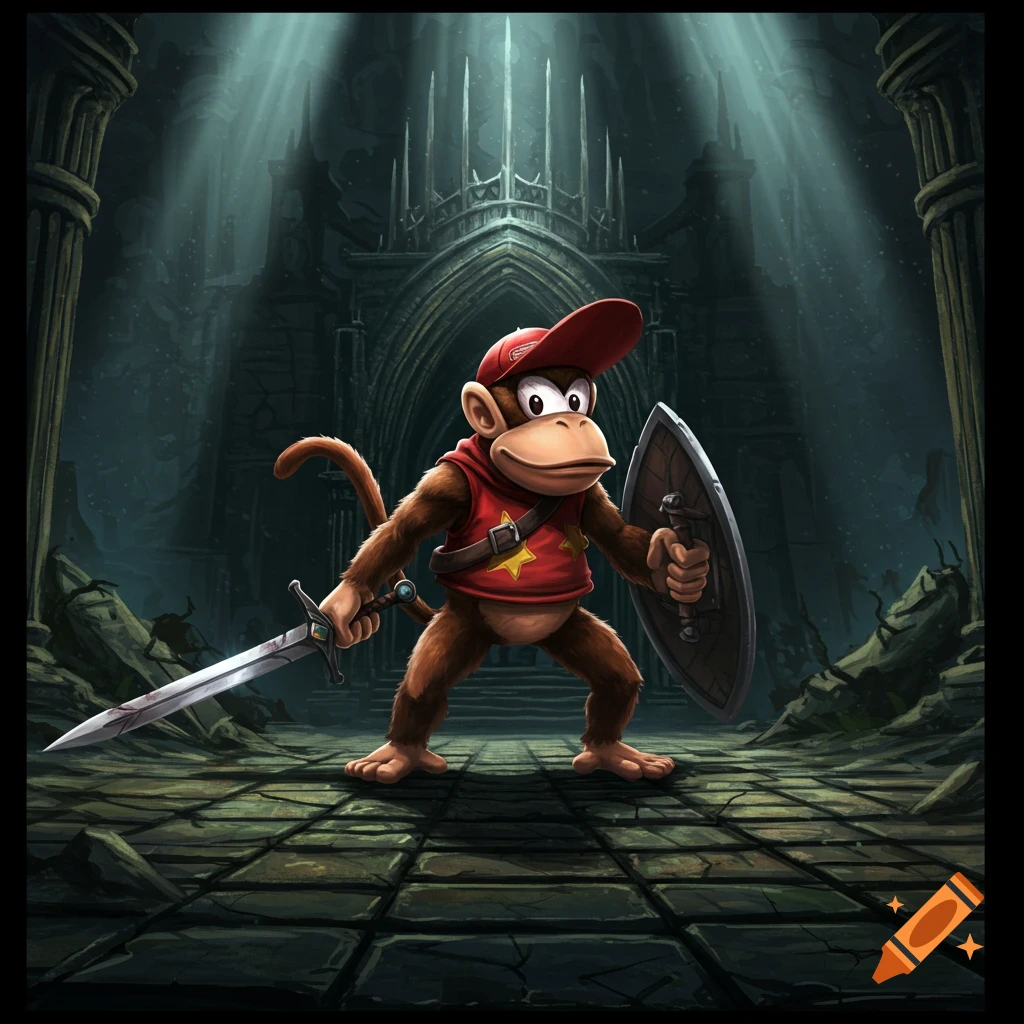 Diddy Kong with a sword and shield stands in a dark fantasy dungeon.