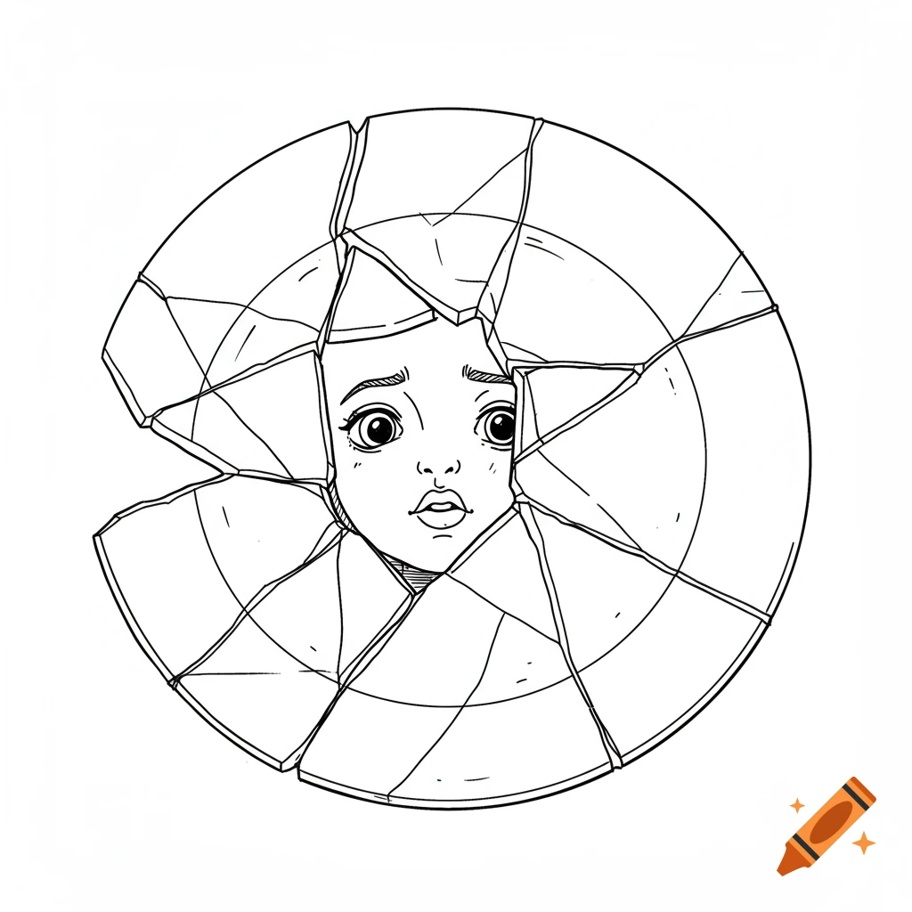 Black and white line drawing of a face surrounded by broken pieces
