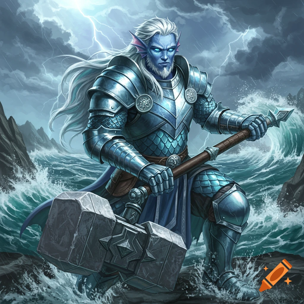 A male Water Genasi cleric in blue armor holding a hammer in a stormy sea with lightning.