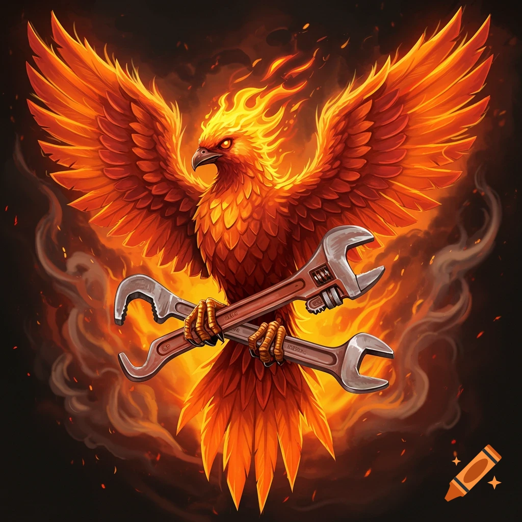 A fiery phoenix holding two pipe wrenches surrounded by smoke and flames.