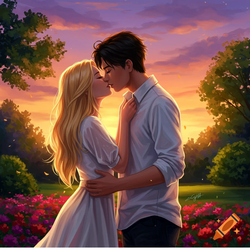 A couple is kissing in a sunset park.