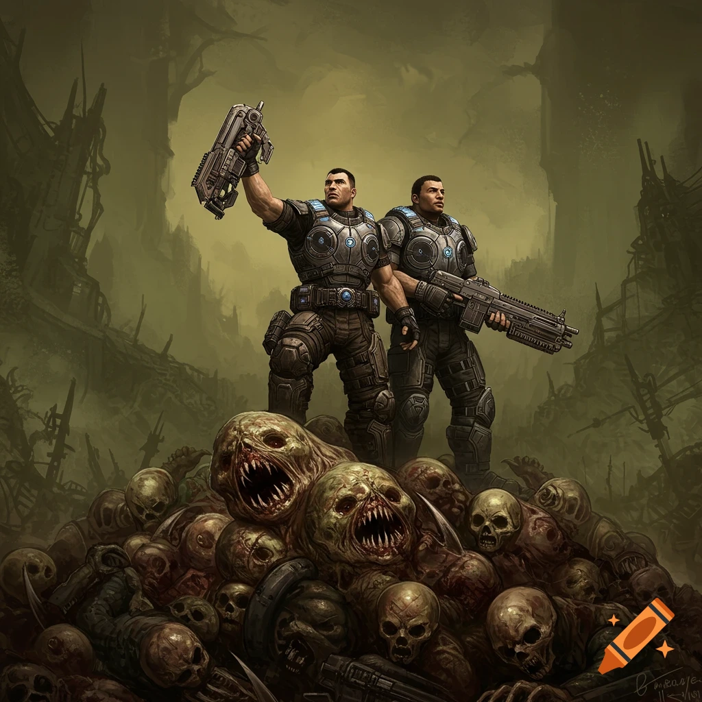 Two armored soldiers standing on a pile of dead monsters and skulls in a ruined landscape.