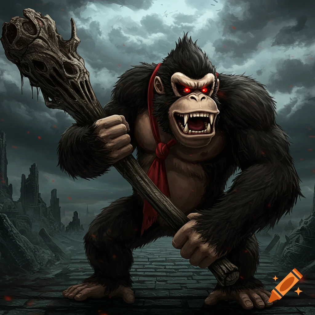 A menacing ape holds a skull-covered club in a dark, ruined city.