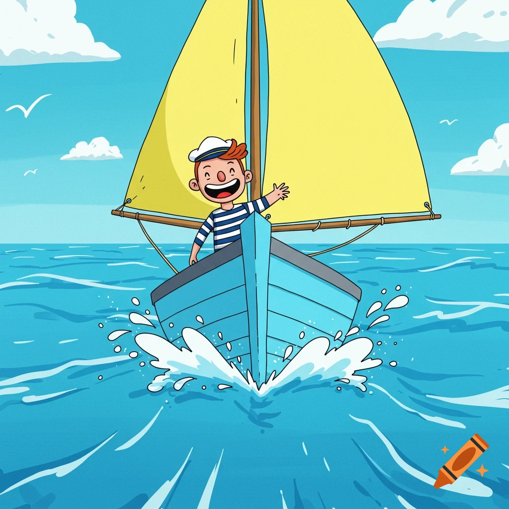 Illustrated boy waving from a sailboat on blue water