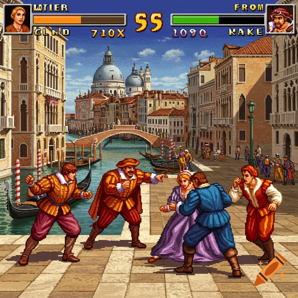 Pixel art fighting game screenshot set in Renaissance Venice, showing characters fighting in period clothing.