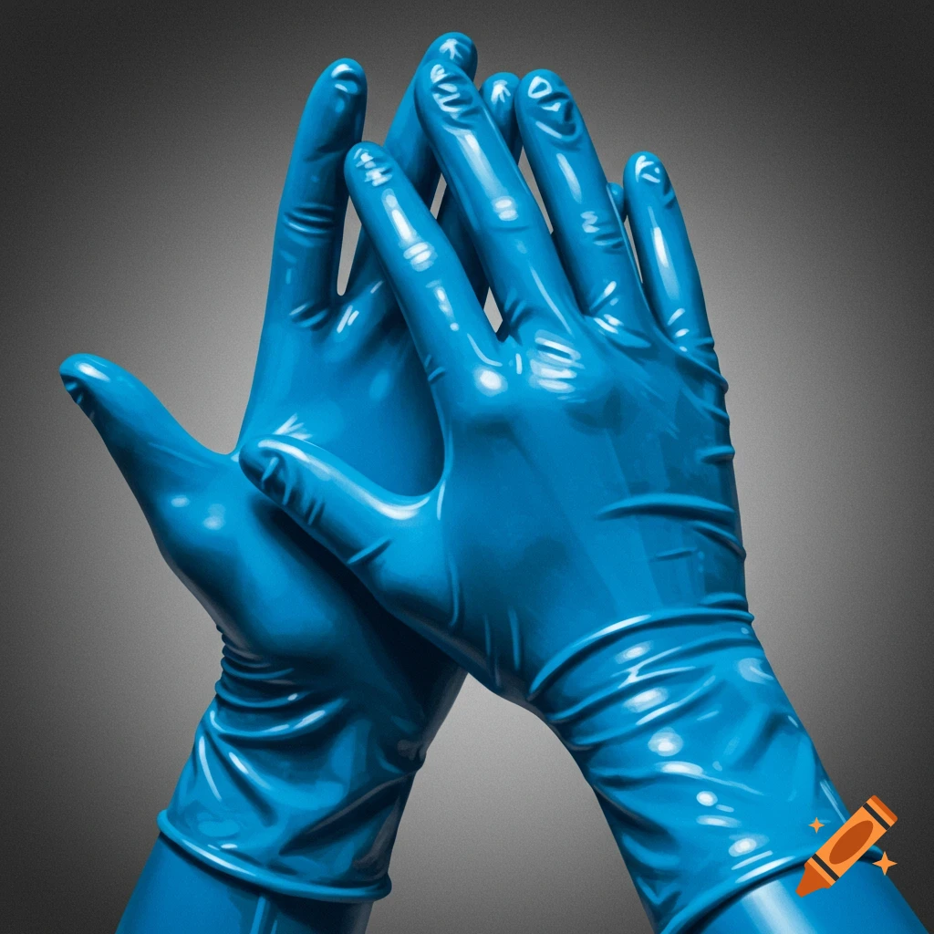 Two hands wearing blue gloves are pressed together.