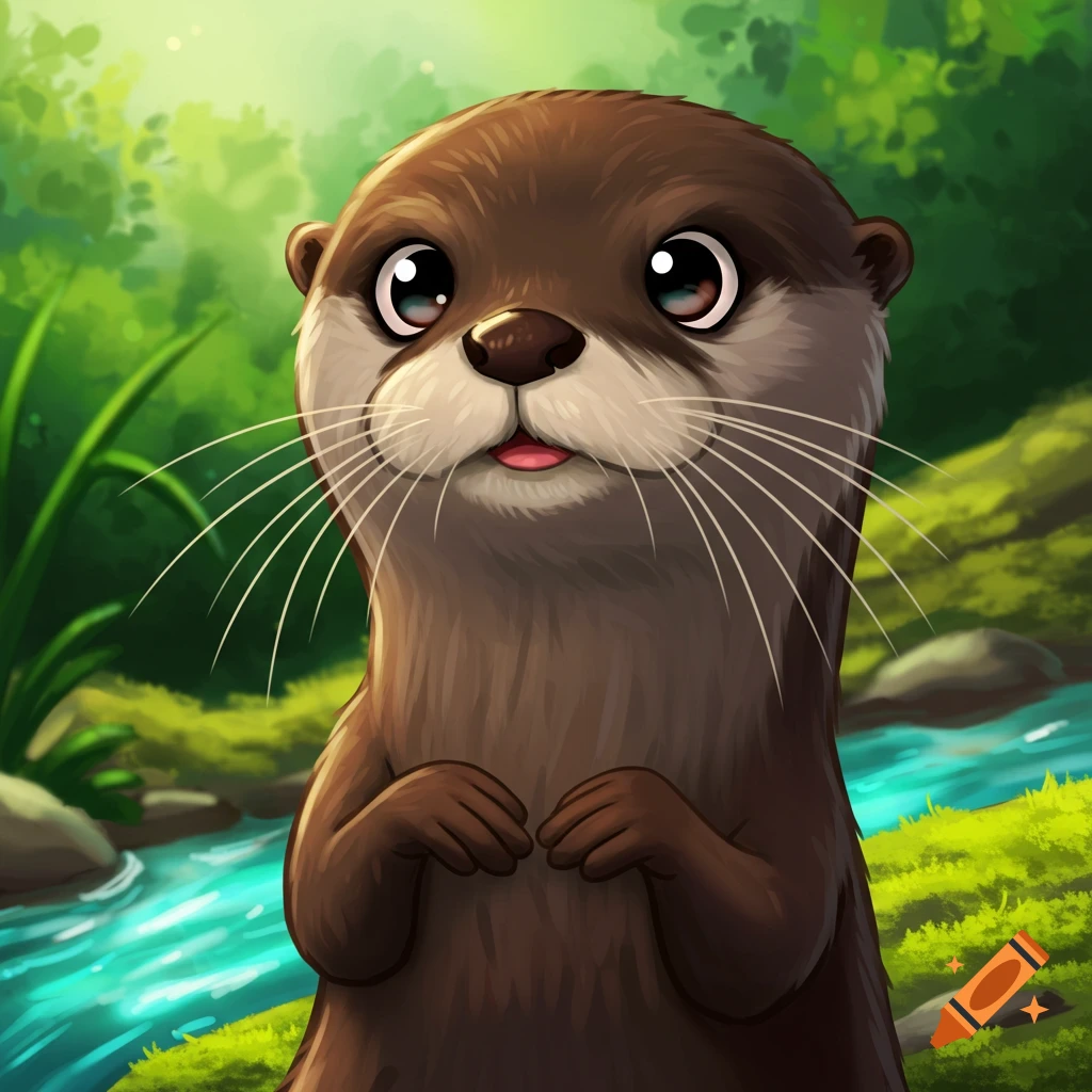 Cartoon otter looking forward in a forest setting