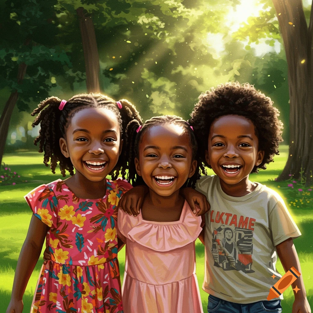 Three happy children in a sunny park
