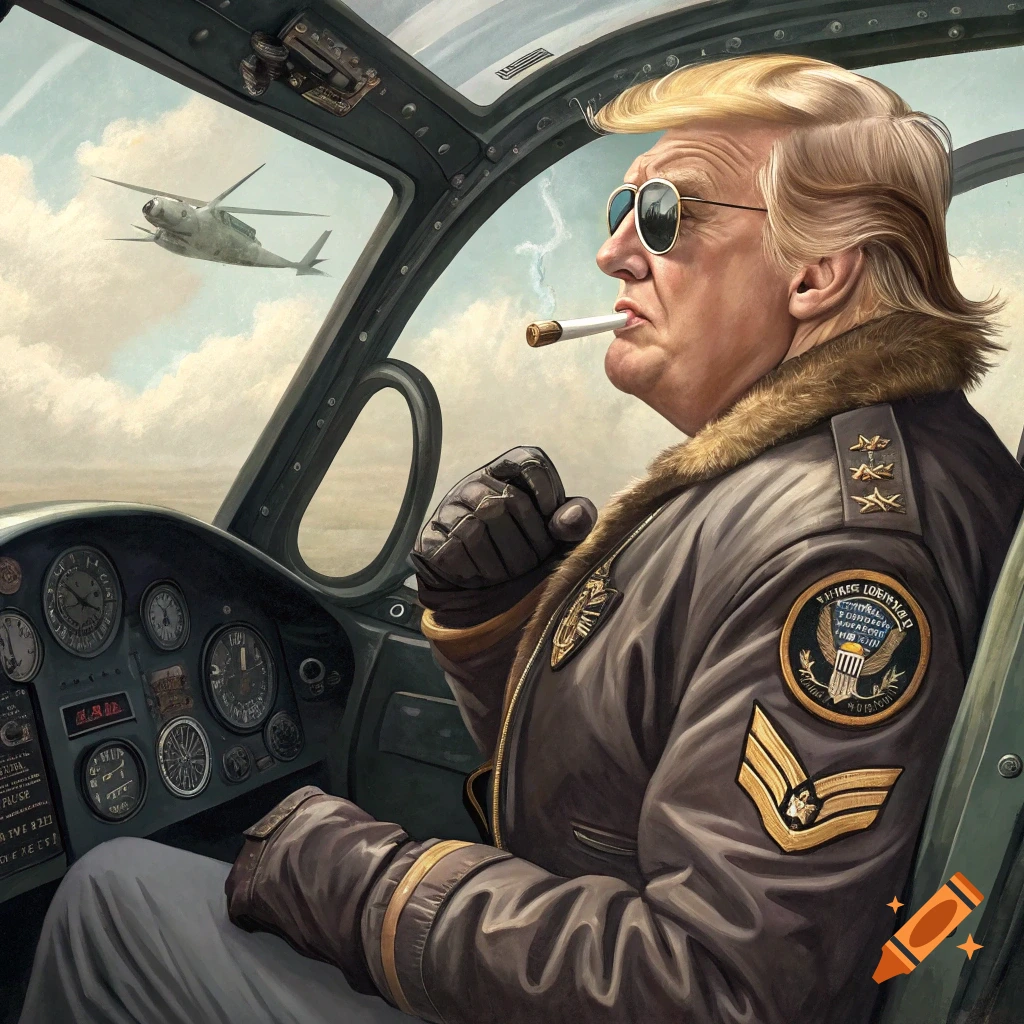 Illustration of Donald Trump as a pilot in a leather jacket and sunglasses, smoking a cigarette in a cockpit with gauges, with a helicopter flying outside.