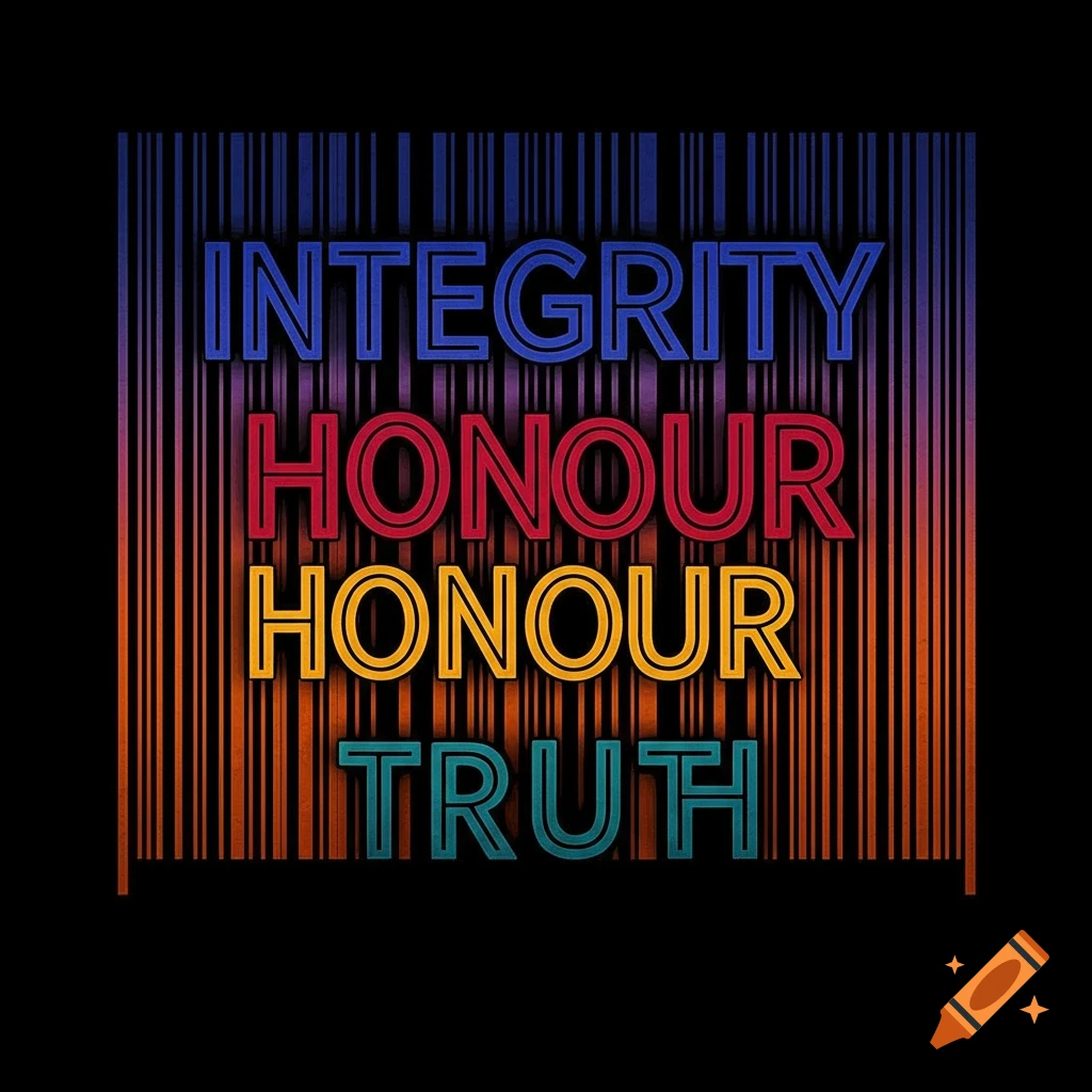 The words Integrity, Honour, Honour, Truth stacked vertically on a colorful barcode background.