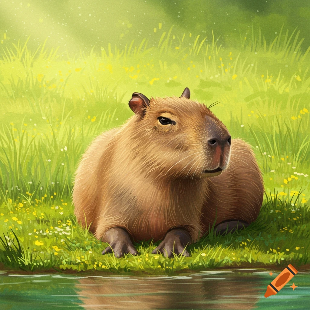 A capybara sits in a grassy field near water.