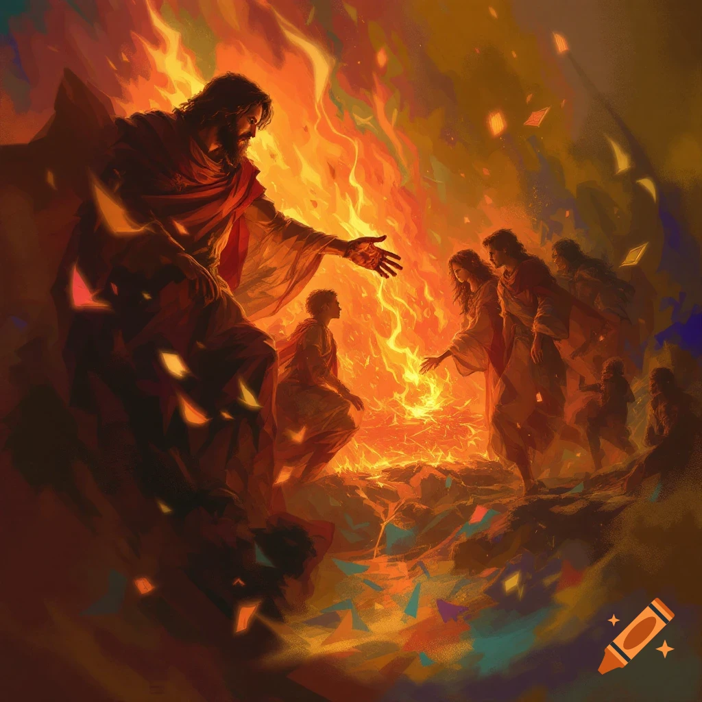 Figure in red robe reaching to people beside large fire, dramatic scene.