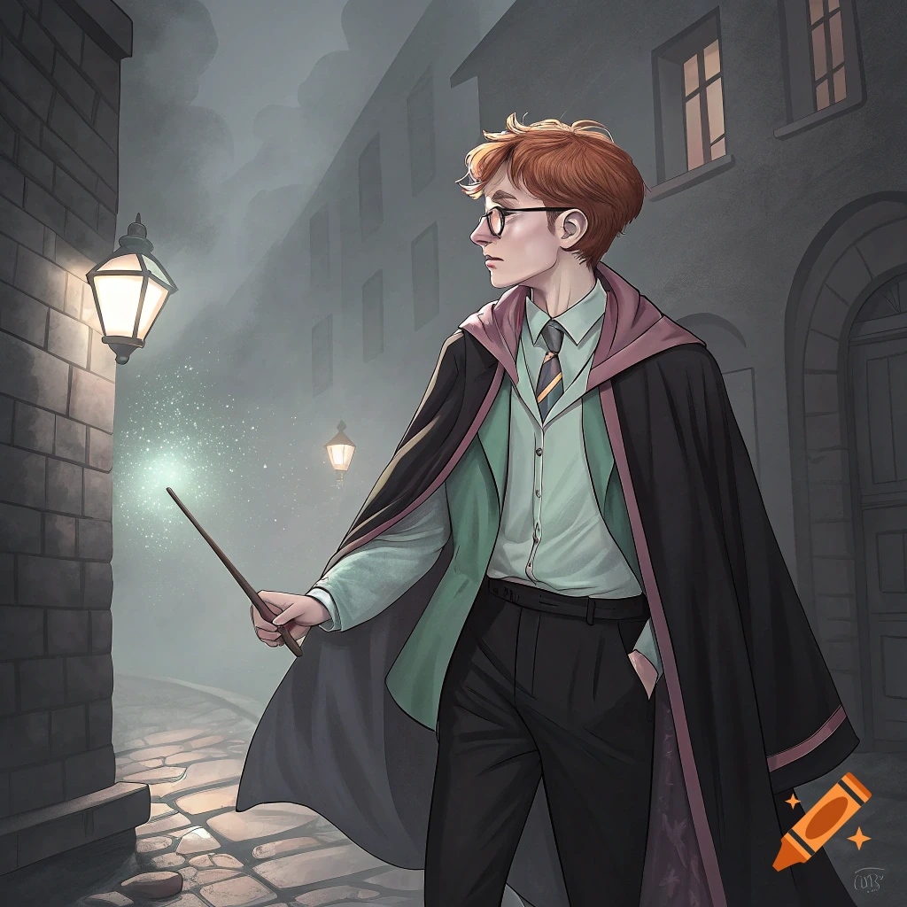 Illustration of a person resembling Harry Potter holding a wand on a misty street.