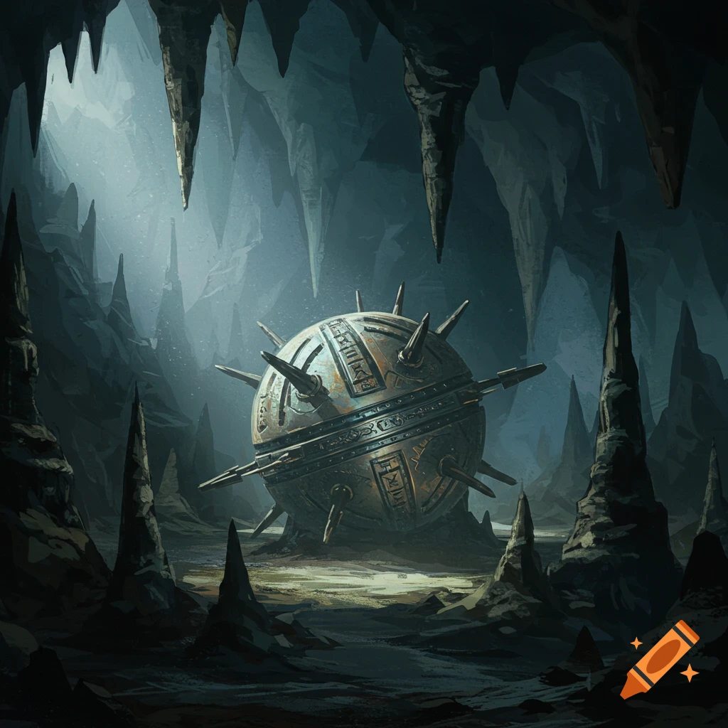A large spiked metal sphere artifact sits in a dark underground cave.
