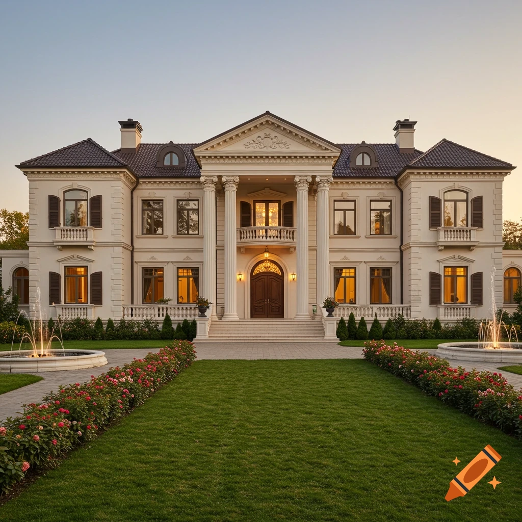 Luxurious white mansion with columns, fountains, and rose gardens at sunset.