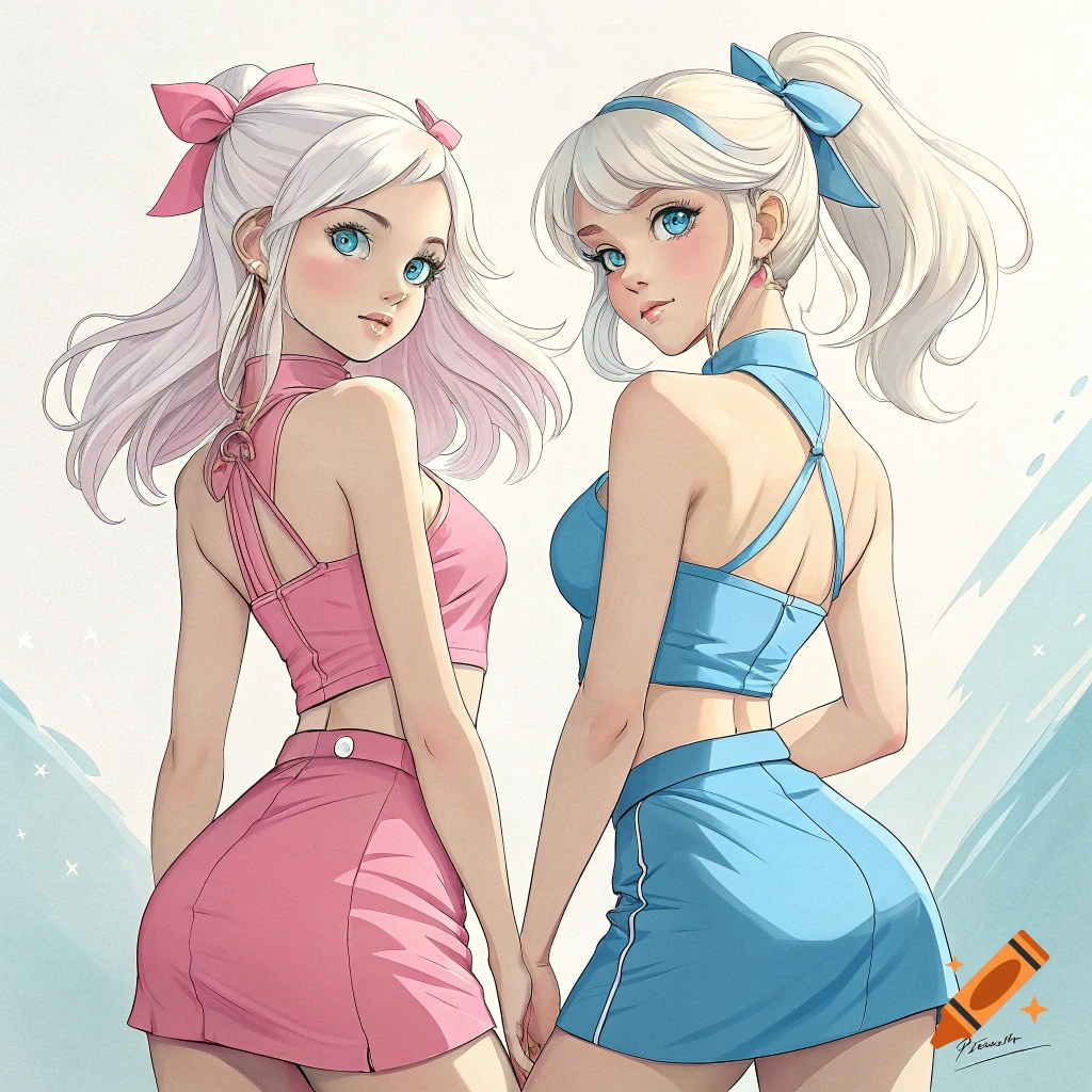 Two anime-style women with white hair and blue eyes, one in a pink outfit and one in a blue outfit.