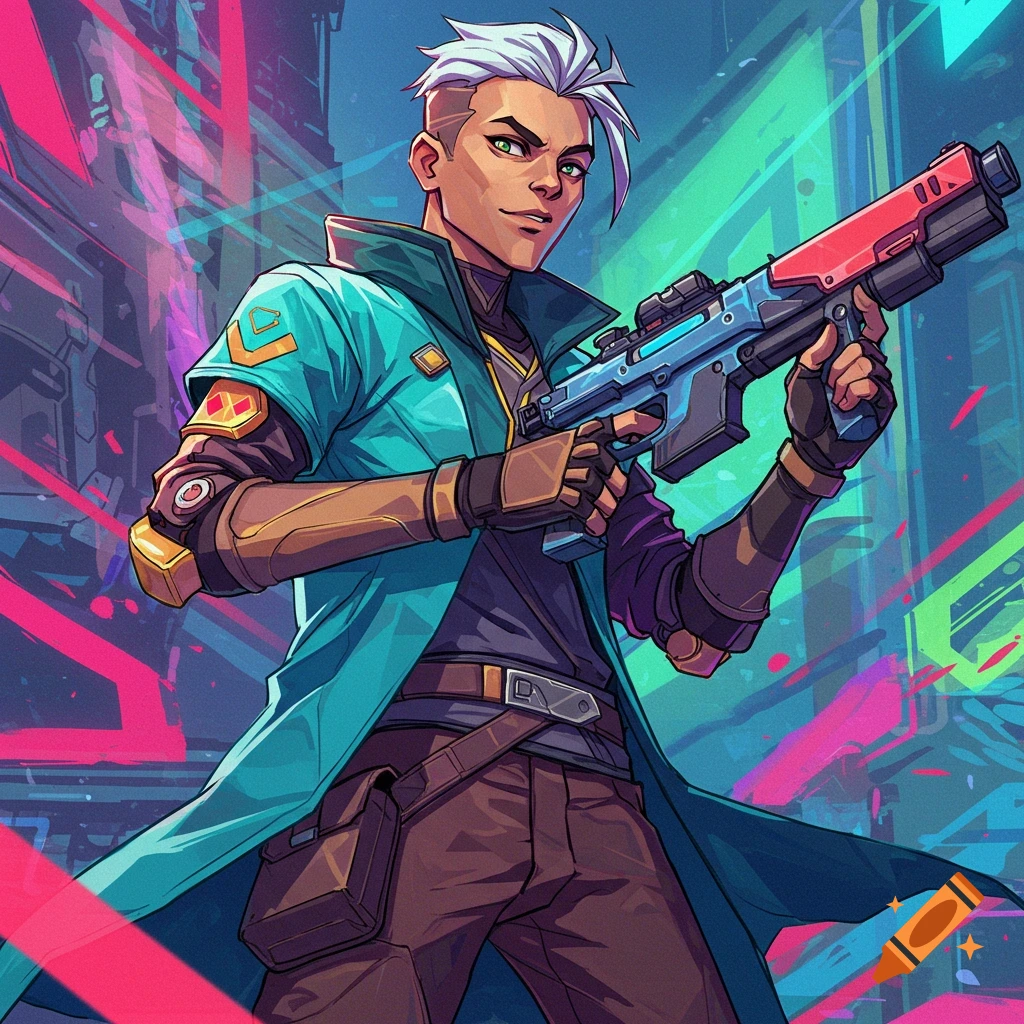 Stylized drawing of a male character with white hair in a teal jacket holding a futuristic gun against a neon background.