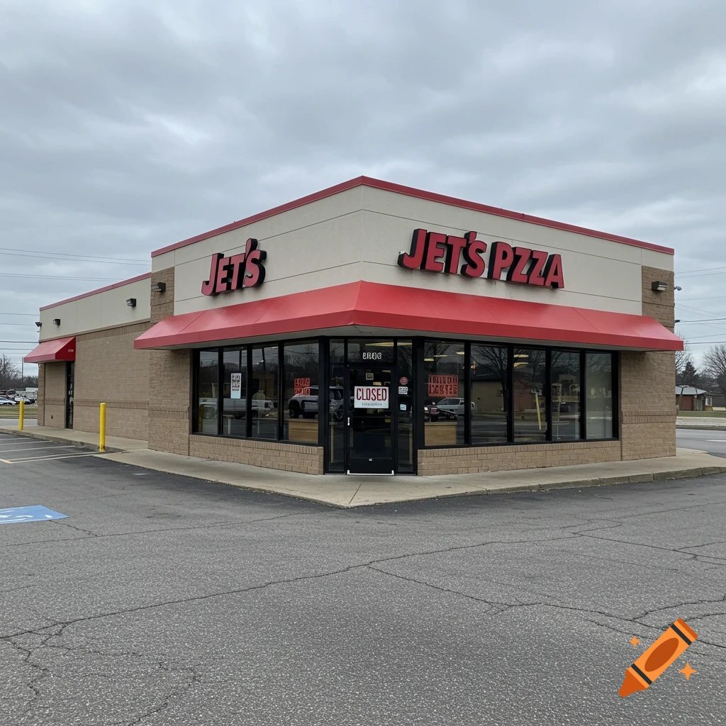 A Jet's Pizza restaurant building with a red awning and a closed sign on the front door under a cloudy sky.