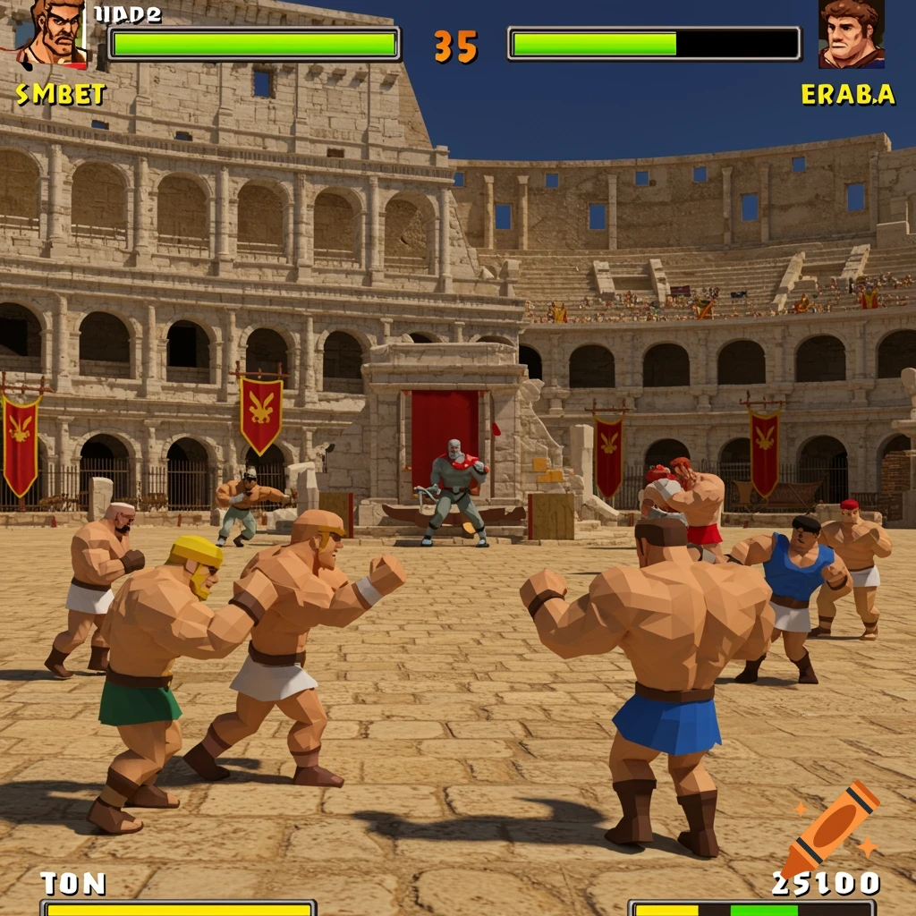 Low-poly 3D render of a retro fighting game in the Roman Colosseum with blocky gladiators.